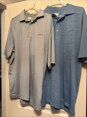 2 Men's Greg Norman Light Blue Polo Shirt - Classic Short Sleeve and Grey stripe